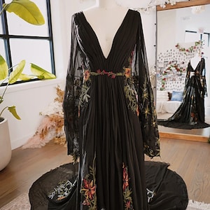 Meadow Black | Embroidery Wedding Dress | Gothic Floral A Line Unique Dark Wedding Dress | Sample | 3-4 Month Delivery