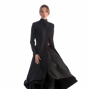 Black Deconstructed Jacket Dress, High Neck Button Up Dress, Cotton Dress, Button Up Dress with Turtleneck, Black Dress Women's