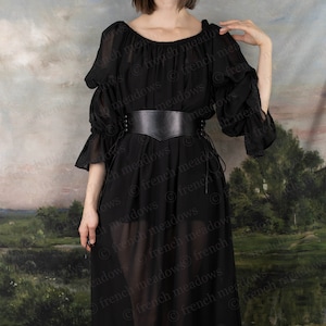 Black Chiffon Long Puff Sleeve Renaissance Dress | Chemise Pirate Blouse Off the Shoulder Witch Vampire Ethereal Gothic Dark Fae Plus Size