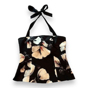 Vintage 1990s dark coquette black floral silk boned corset style top with halter neckline that ties in a bow