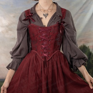 Dark Red Floral Jacquard Corset Top | Renaissance Bodice Stays Vintage Strapless Costume CottageCore Witch Vampire Goth Front Lacing Bustier