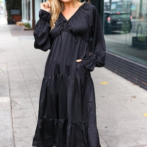 Black maxi dress, Satin dress, Elegant Black Elastic V Neck Tiered Satin Maxi Dress, long dress, long sleeve dress