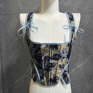 Dark Blue Gold Flower Corset Top, Retro Lace-Up Overbust Corset, Renaissance Court Style, Vintage Back Strap Corset