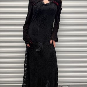 Vintage Y2K Punk Rave Black Gothic Velvet Lace Long Sleeve Gown Lace Up Corset High Neck Collar Open Back Vampire Midieval Renaissance Style