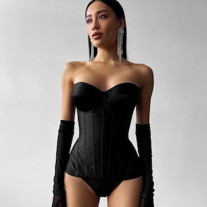 Black Overbust Corset - Satin Corset with Cups - Wedding Guest Dress - Bustier for Birthday & Date Night