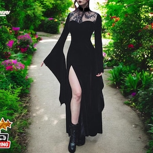 Women's Velvet Maxi Dress | High-Waist Lace Cutout Design | Stylish Flared-Sleeved Evening Gown | Elegant Ladies Goth Fashion