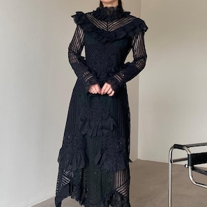 Black Lace Maxi Dress – Gothic Victorian Long Sleeve Dress, High Neck Ruffled Dress for Women, Elegant Evening Dress, Dark Academia Outfit