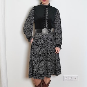 Vintage 80s Victorian Black Velvet & Polka Dot Dress/ High Neck Button Up Midi Dress/ Long Sleeve Formal Dress/ Gothic Elegant Velvet Dress