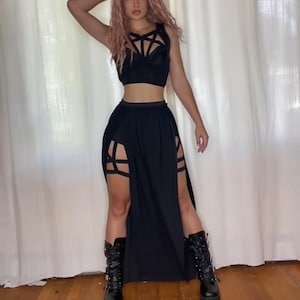 Gothic Goddess Dress 3 piece set y2k Cute Kawaii long sleeve cross neck strappy neck and leg