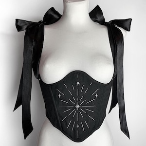 embroidered underbust corset, celestial corset belt, goth corset top, corset wedding dress, black  renaissance corset