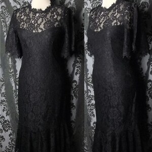 Trad Goth Long Black Lace Fitted MORTICIA High Neck Mermaid Dress 6 8 Vintage Pin Up